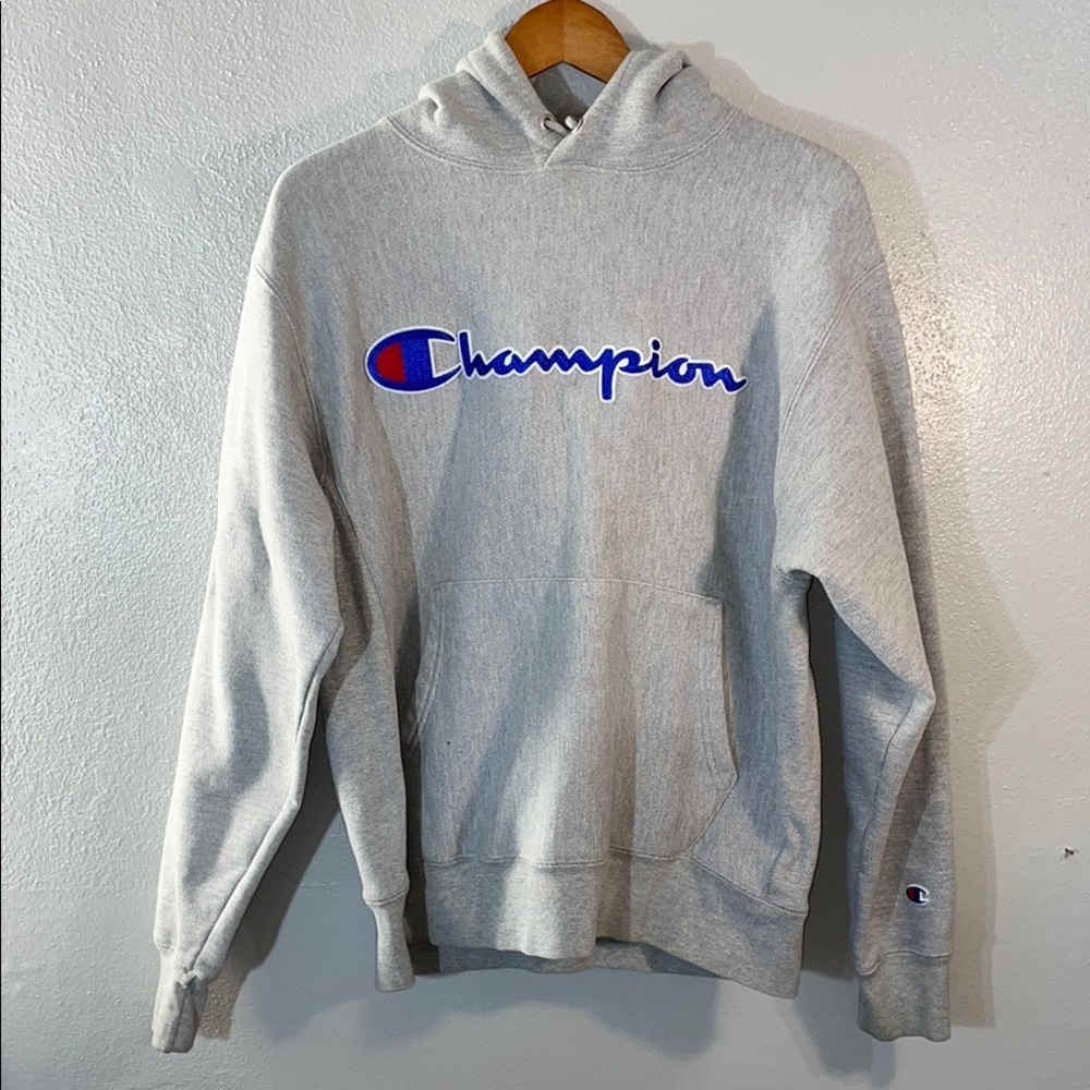 VTG Reverse Weave Hoodie Gray Logo Pullover Streetwear Medium Athletic Champion